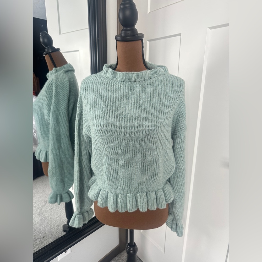 Topshop Women's Blue Frill Knitted Jumper Sweater Size 12 Petite -B
